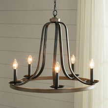 Load image into Gallery viewer, Rustic 5 Light Dimmable Farm Home Circle Metal Chandelier Oak Finish