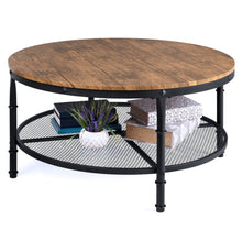 Load image into Gallery viewer, FarmHome Industrial Wood Steel Coffee Table 2-Tier Round with Storage Shelves
