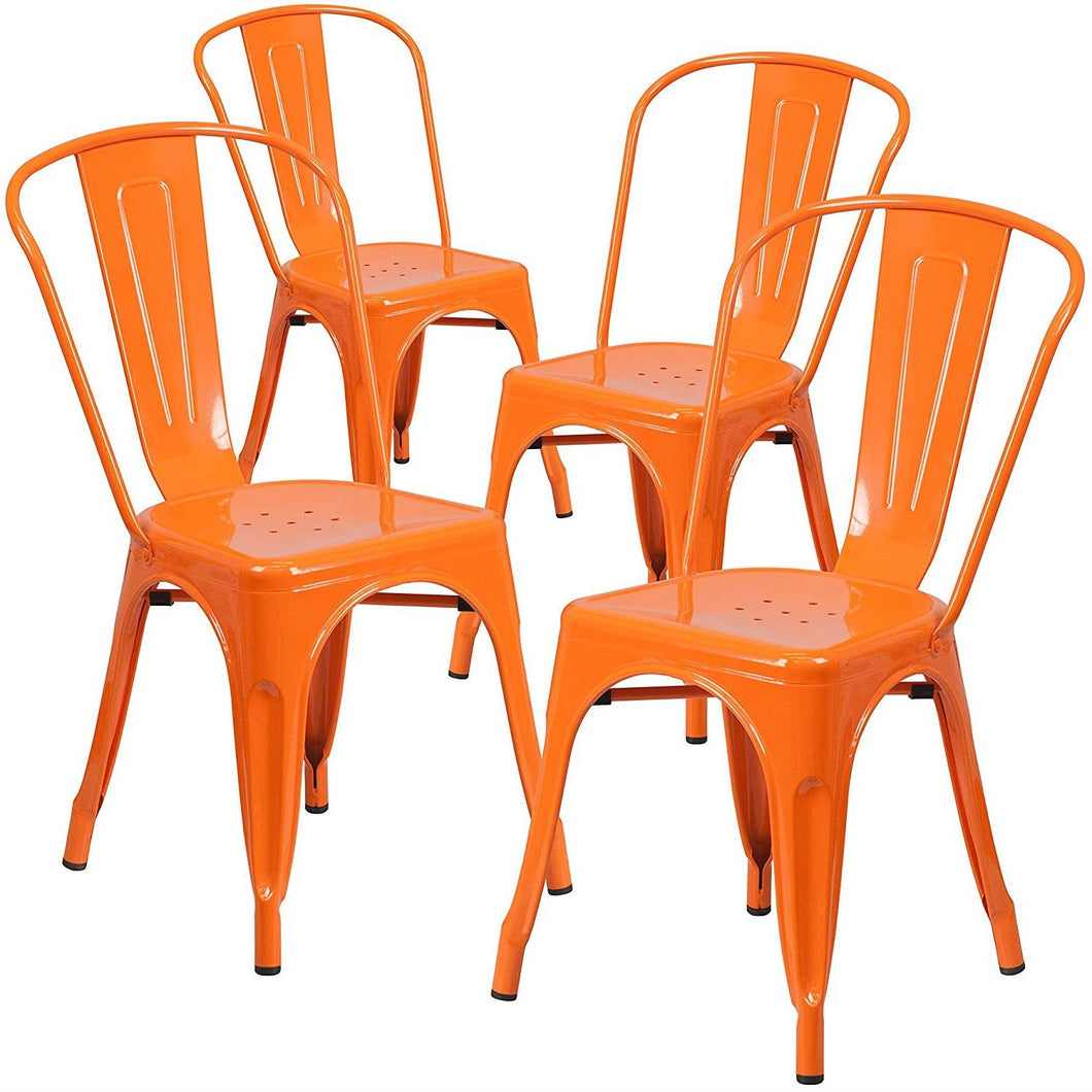Set of 4 Outdoor Indoor Orange Metal Stacking Bistro Dining Chairs