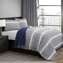 Load image into Gallery viewer, Queen Gray Navy Stripe Motif 100% Cotton Reversible Quilt Coverlet Bedspread Set