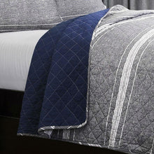Load image into Gallery viewer, Queen Gray Navy Stripe Motif 100% Cotton Reversible Quilt Coverlet Bedspread Set