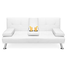 Load image into Gallery viewer, White Faux Leather Convertible Sofa Futon with 2 Cup Holders