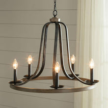 Load image into Gallery viewer, Rustic 5 Light Dimmable Farm Home Circle Metal Chandelier Oak Finish
