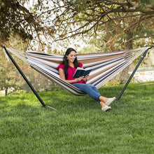 Load image into Gallery viewer, Portable Cotton Hammock in Desert Strip with Metal Stand and Carry Case
