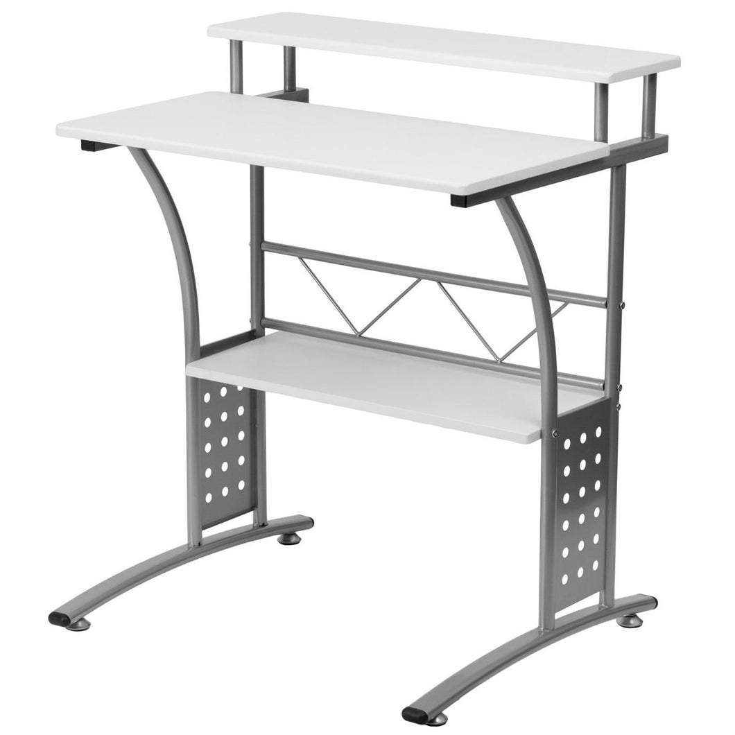 Modern Metal Frame Computer Desk with White Laminate Top and Raised Shelf