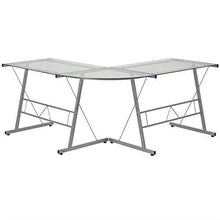 Load image into Gallery viewer, Modern Silver Metal L-Shaped Desk with Glass Top and Floor Glides
