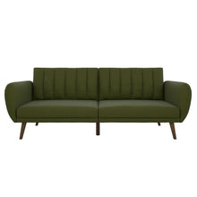 Load image into Gallery viewer, Green Linen Upholstered Futon Sofa Bed with Mid-Century Style Wooden Legs
