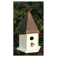 Load image into Gallery viewer, White Wood Songbird Birdhouse with Brown Copper Roof
