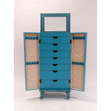 Load image into Gallery viewer, Vintage Turquoise Hand Painted Jewelry Armoire with Antique Drawer Pulls
