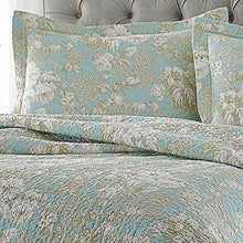 Load image into Gallery viewer, King size 3-Piece Reversible Cotton Quilt Set with Seafoam Blue Beige Floral Pattern
