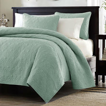 Load image into Gallery viewer, King size Seafoam Green Blue Coverlet Set with Quilted Floral Pattern
