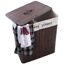 Load image into Gallery viewer, Folding 2-Bin Brown Bamboo Laundry Hamper with Handles
