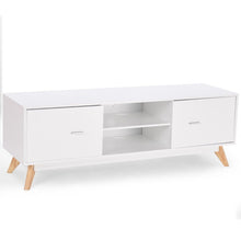 Load image into Gallery viewer, Modern Mid Century Style White TV Stand with Wood Legs
