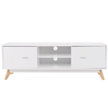 Load image into Gallery viewer, Modern Mid Century Style White TV Stand with Wood Legs
