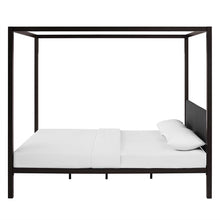 Load image into Gallery viewer, Queen size Brown Metal Canopy Bed Frame with Grey Upholstered Headboard
