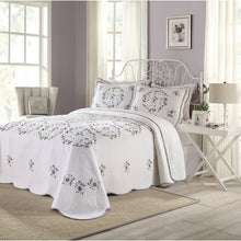 Load image into Gallery viewer, Queen size Cotton Bedspread with Scalloped Edges and Floral Print Embroidery in White
