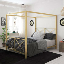 Load image into Gallery viewer, Queen size Modern Gold Metal Canopy Bed Frame with Headboard and Footboard
