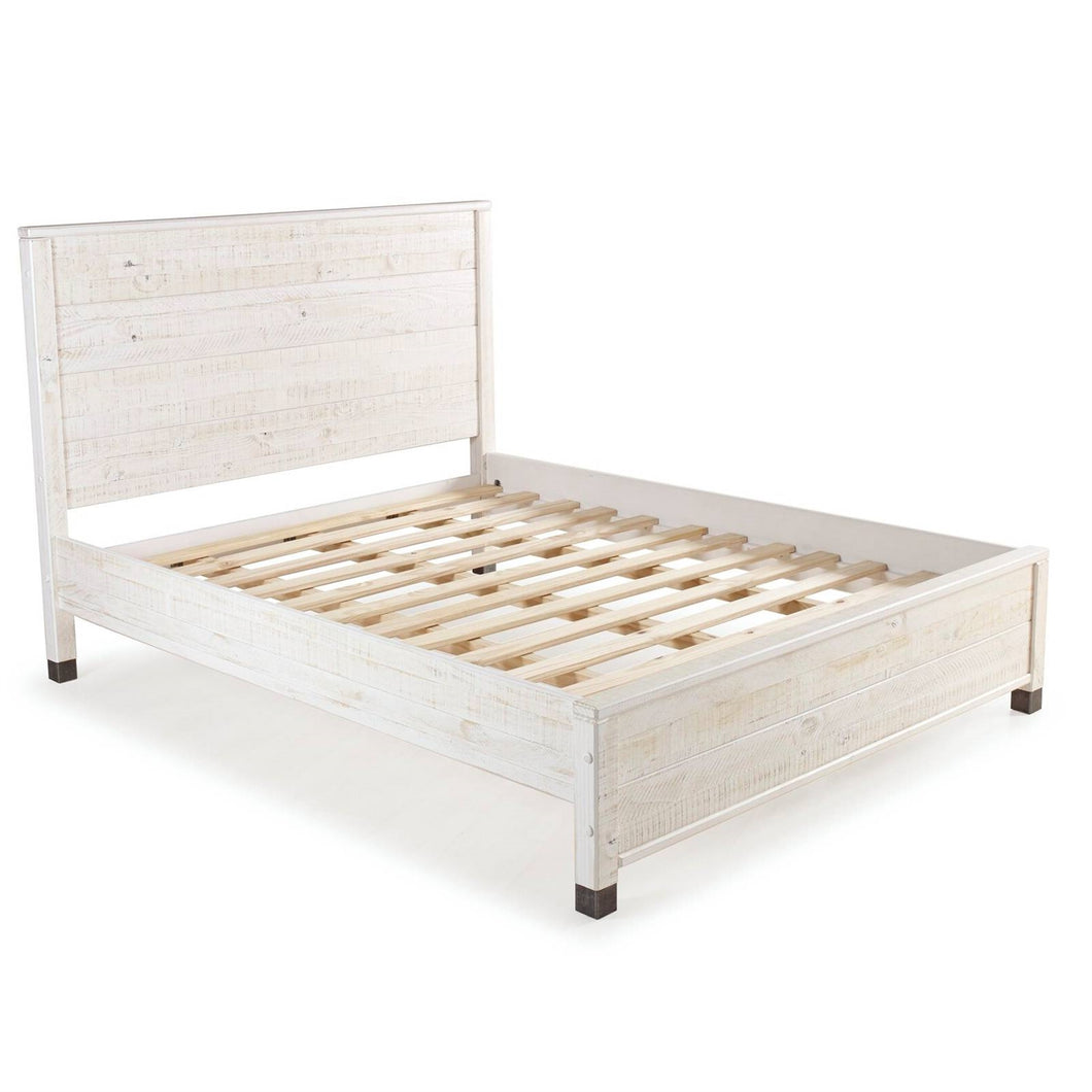 Queen Size Solid Wood Platform Bed Frame with Headboard in Rustic White Finish