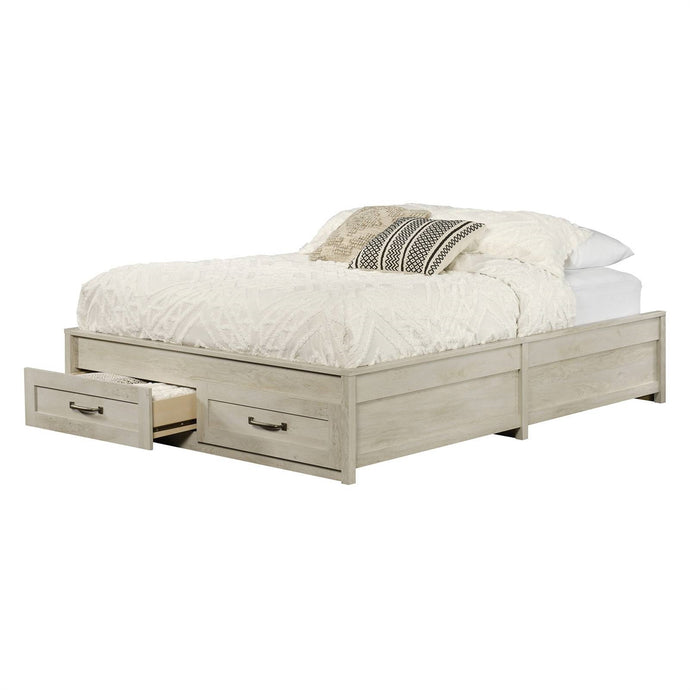 Queen Farmhome Platform Bed with Storage Drawers in Off-White Wood Finish