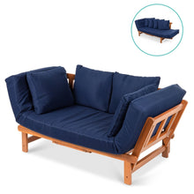 Load image into Gallery viewer, Navy Blue Outdoor Acacia Wood Convertible Sofa Futon with 4 Removable Pillows
