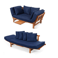 Load image into Gallery viewer, Navy Blue Outdoor Acacia Wood Convertible Sofa Futon with 4 Removable Pillows

