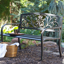 Load image into Gallery viewer, Curved Metal Garden Bench with Heart Pattern in Black Antique Bronze Finish
