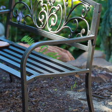 Load image into Gallery viewer, Curved Metal Garden Bench with Heart Pattern in Black Antique Bronze Finish
