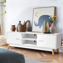 Load image into Gallery viewer, Modern 55-inch Solid Wood TV Stand in White Finish and Mid-Century Legs
