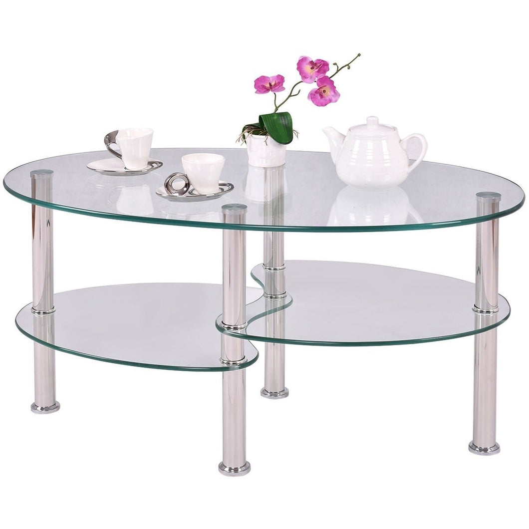 Modern Oval Tempered Glass Coffee Table with Bottom Shelf