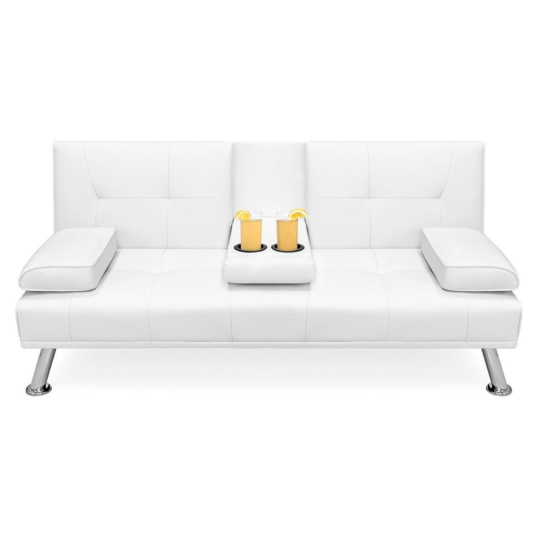 White Faux Leather Convertible Sofa Futon with 2 Cup Holders
