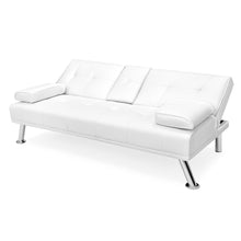 Load image into Gallery viewer, White Faux Leather Convertible Sofa Futon with 2 Cup Holders
